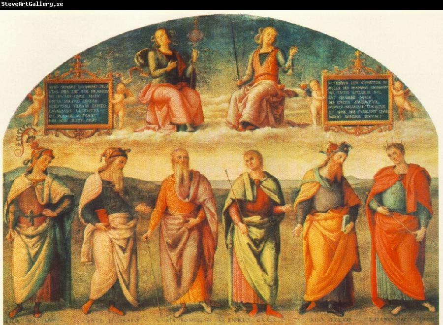 PERUGINO, Pietro Prudence and Justice with Six Antique Wisemen